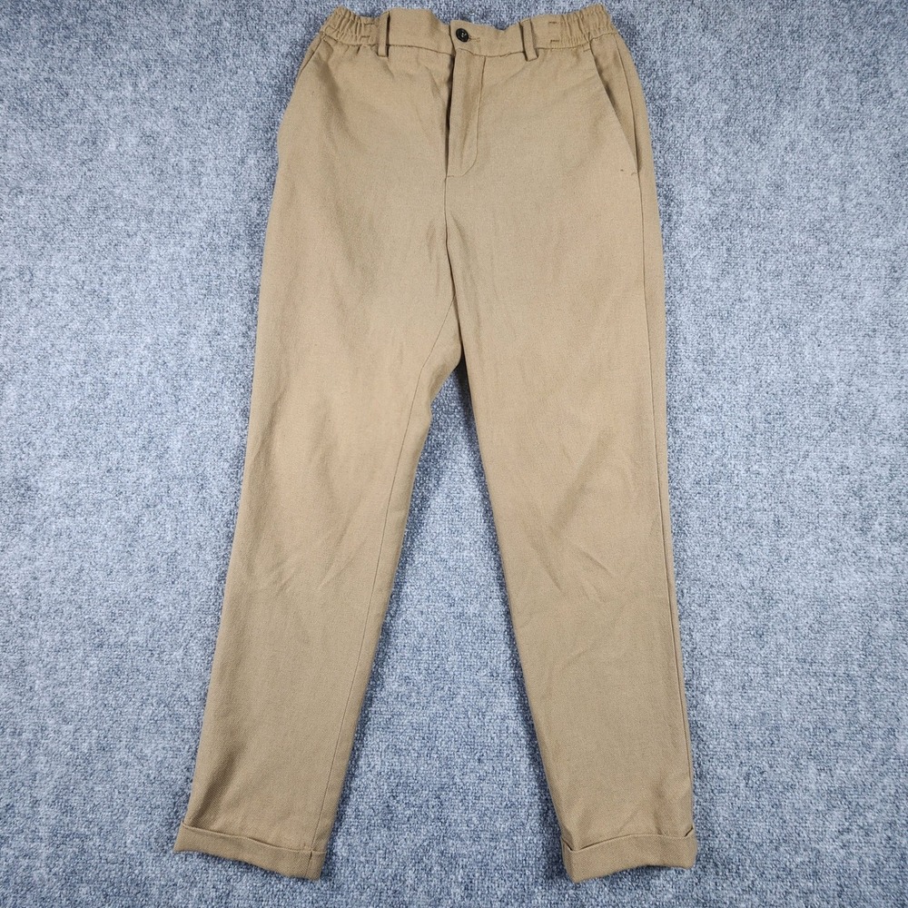 Zara Mens Textured Elastic Waist Trousers Tan Khaki Cuffed Slim Fit Pants Size S